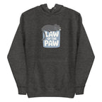 Law of the Paw® design with a cat napping on the logo on a pullover hoodie in charcoal grey, front view – Kate Spain design