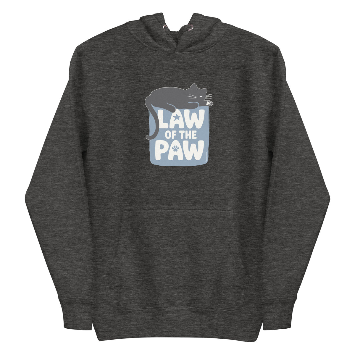 Law of the Paw® design with a cat napping on the logo on a pullover hoodie in charcoal grey, front view – Kate Spain design