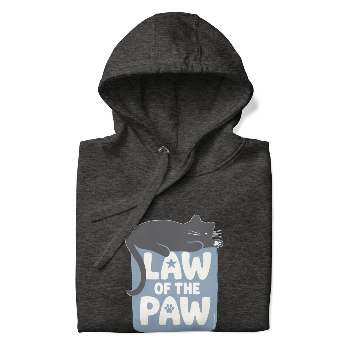 Law of the Paw® design with a cat napping on the logo on a pullover hoodie in charcoal grey, folded close-up of the design – Kate Spain design
