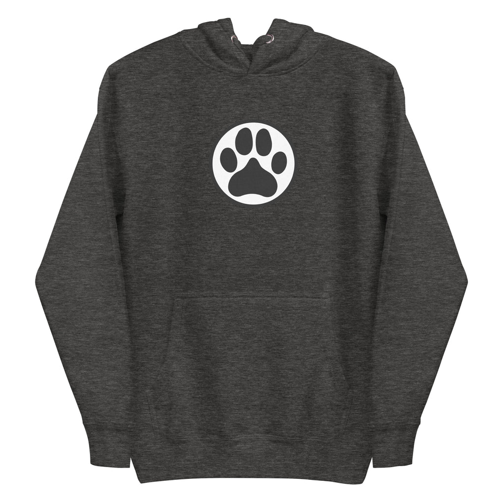 Law of the Paw® dog paw print on a pullover hoodie in charcoal grey, front view – Kate Spain design
