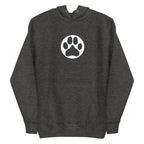 Law of the Paw® dog paw print on a pullover hoodie in charcoal grey, front view – Kate Spain design