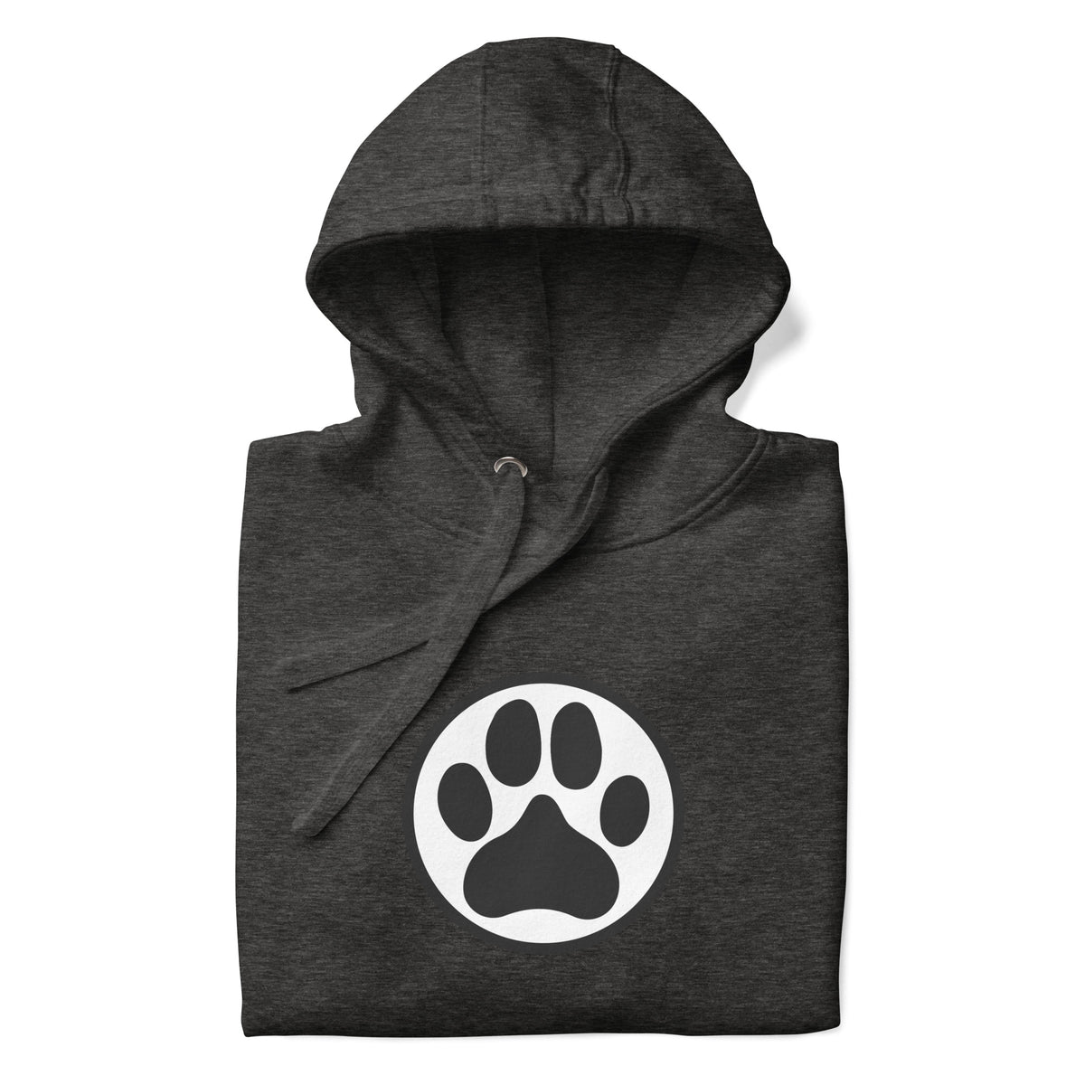 Law of the Paw® dog paw print on a pullover hoodie in charcoal grey, folded close-up of the design – Kate Spain design