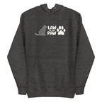 Law of the Paw® logo with seated dog and paw print on a pullover hoodie in charcoal grey, front view – Kate Spain design