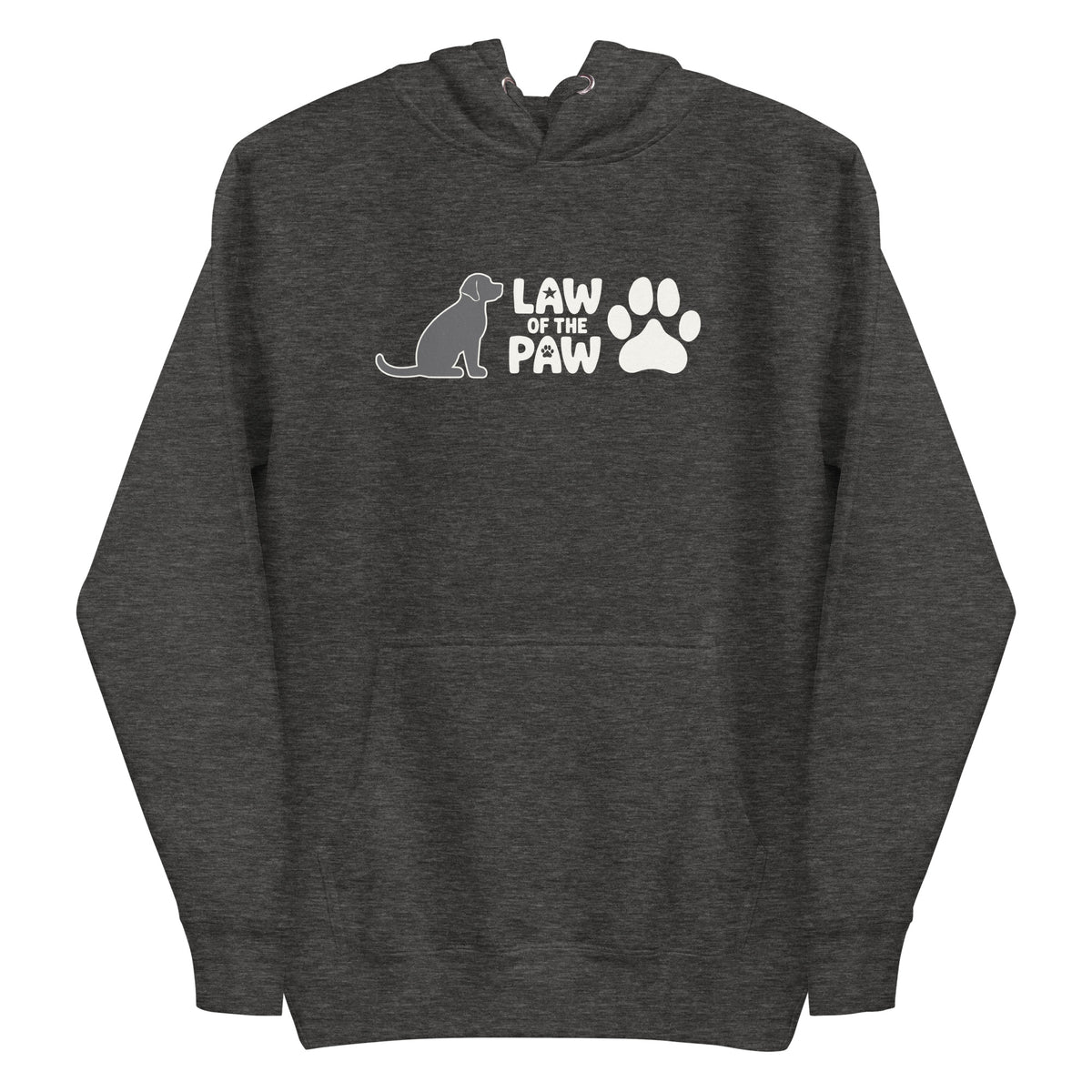 Law of the Paw® logo with seated dog and paw print on a pullover hoodie in charcoal grey, front view – Kate Spain design