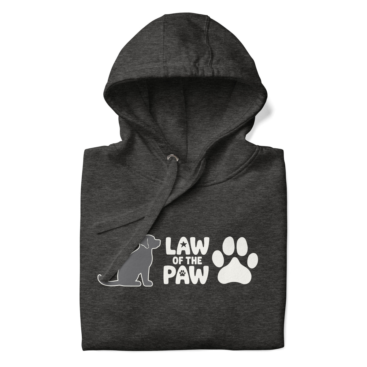 Law of the Paw® logo with seated dog and paw print on a pullover hoodie in charcoal grey, folded close-up of the design – Kate Spain design