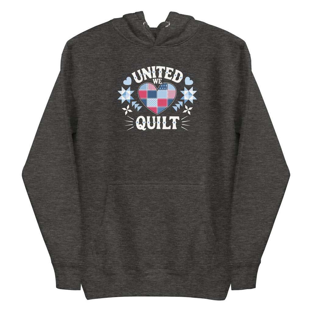 United We Quilt patchwork heart with quilt stars on a premium hoodie in charcoal grey, front view – Kate Spain design for Pat Sloan