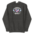United We Quilt patchwork heart with quilt stars on a premium hoodie in charcoal grey, front view – Kate Spain design for Pat Sloan