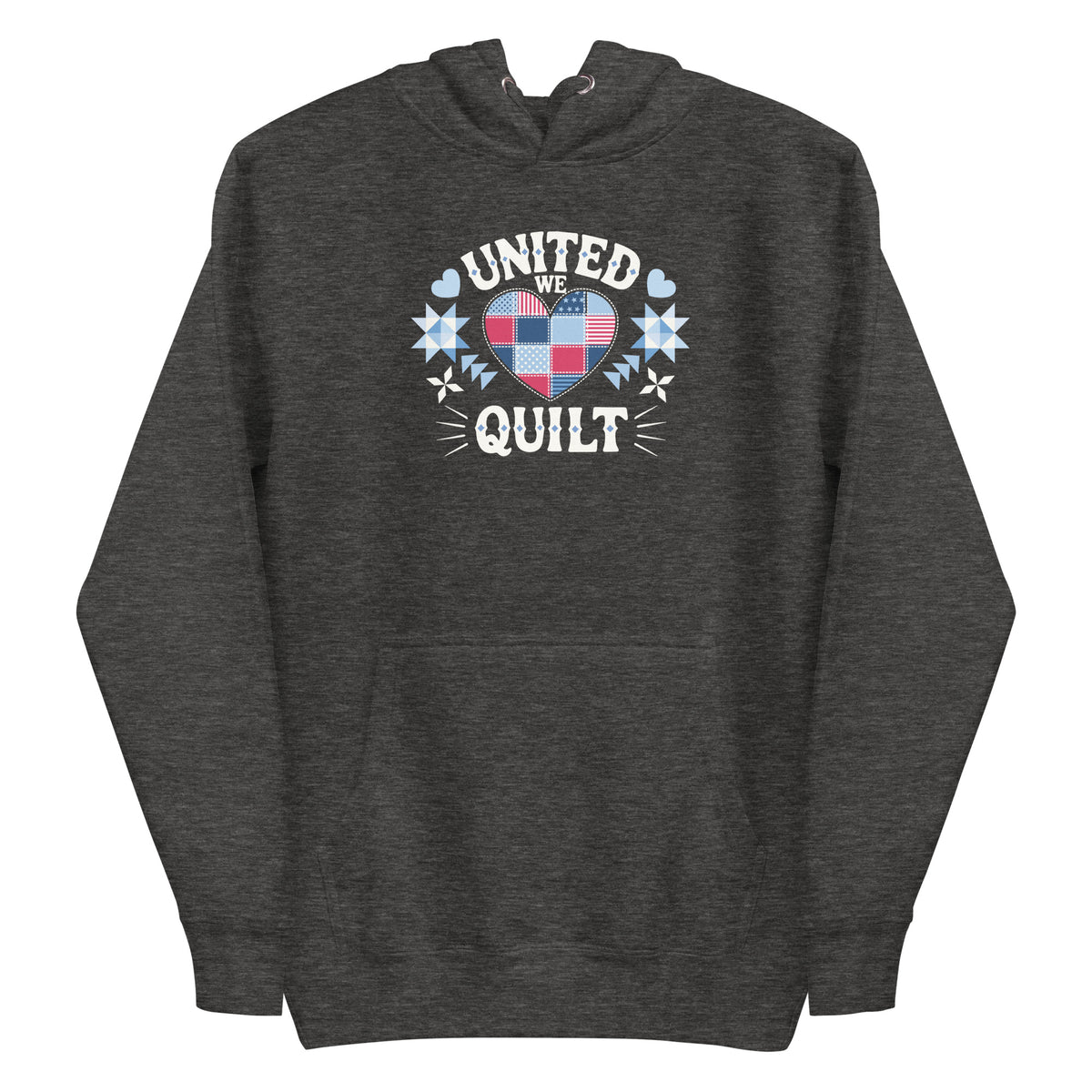 United We Quilt patchwork heart with quilt stars on a premium hoodie in charcoal grey, front view – Kate Spain design for Pat Sloan