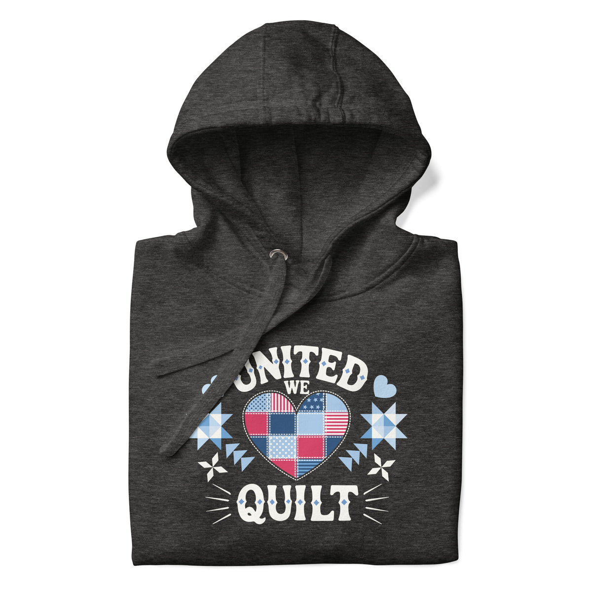 United We Quilt patchwork heart with quilt stars on a premium hoodie in charcoal grey, folded close-up of the design – Kate Spain design for Pat Sloan