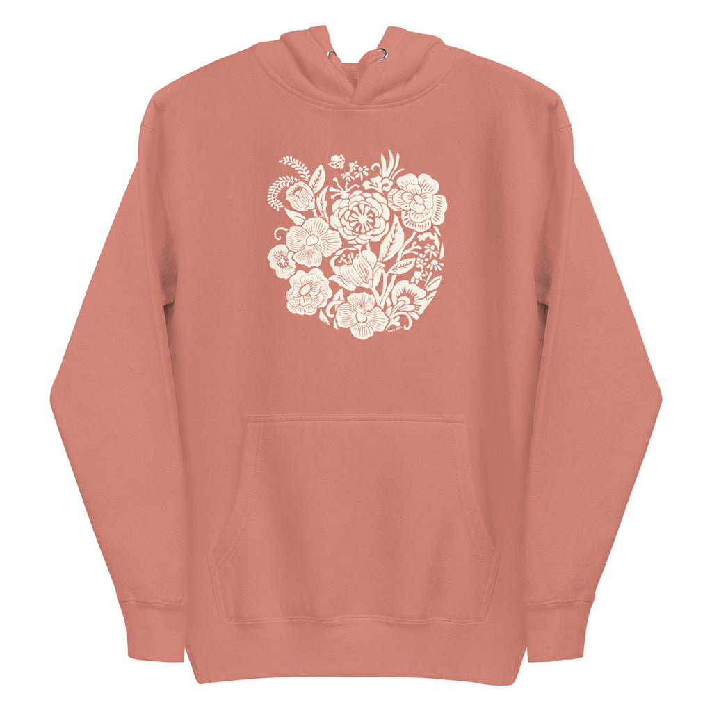 Meadowsweet woodblock-style bouquet of wildflowers on a pullover hoodie in dusty rose, front view – Kate Spain design