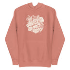 Meadowsweet woodblock-style bouquet of wildflowers on a pullover hoodie in dusty rose, front view – Kate Spain design