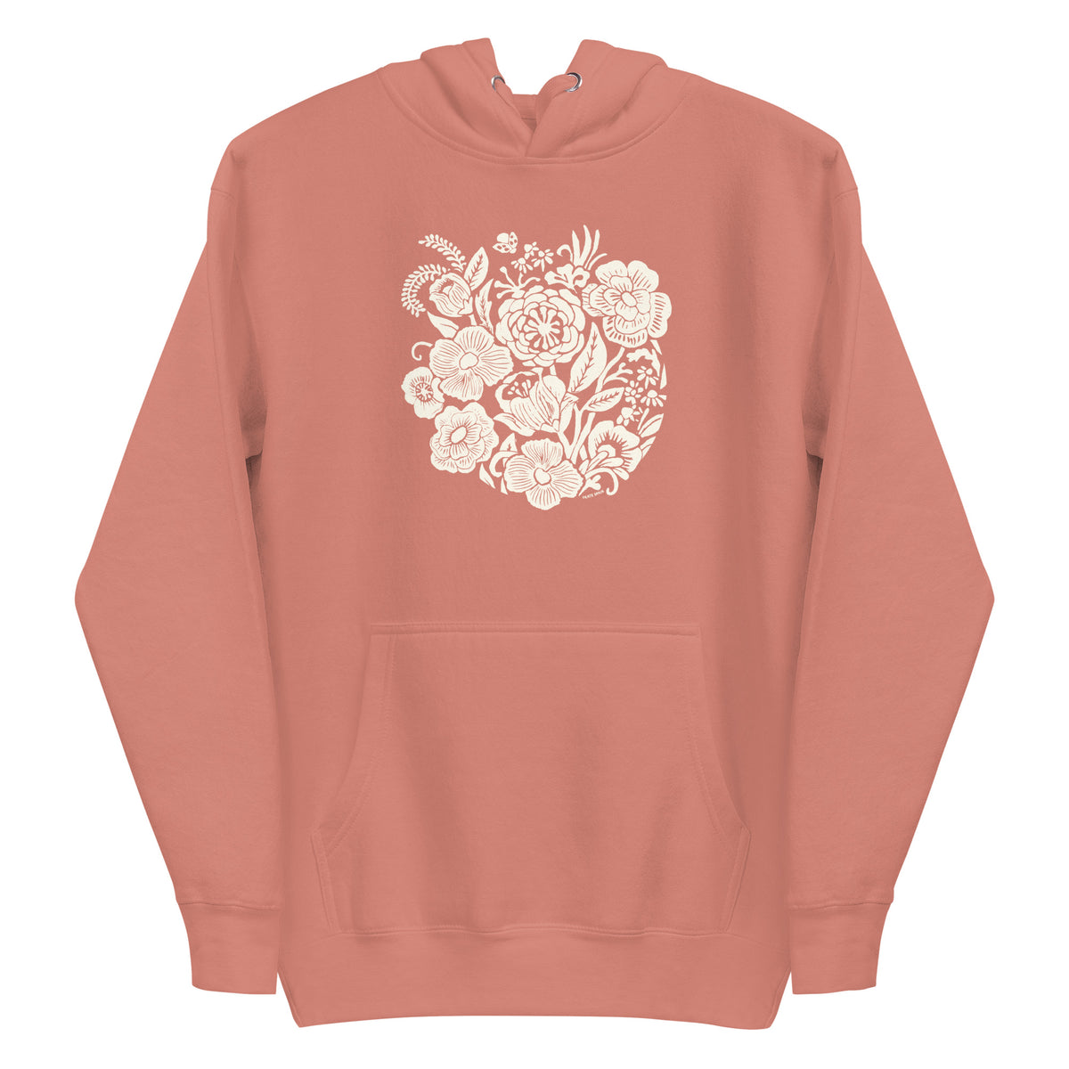 Meadowsweet woodblock-style bouquet of wildflowers on a pullover hoodie in dusty rose, front view – Kate Spain design
