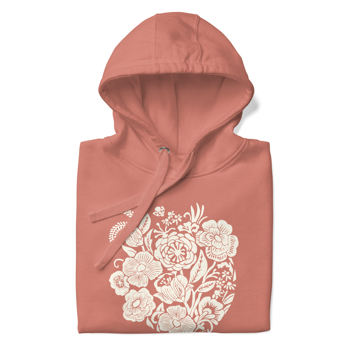 Meadowsweet woodblock-style bouquet of wildflowers on a pullover hoodie in dusty rose, folded close-up of the design – Kate Spain design