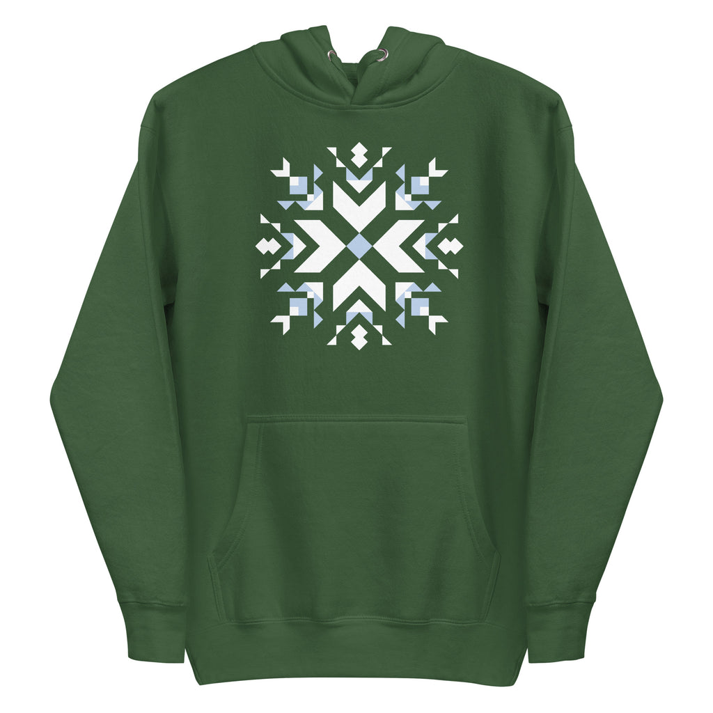Let It Snow snowflake quilt block on a pullover hoodie in forest green, front view – Kate Spain design for Pat Sloan