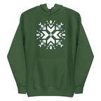 Let It Snow snowflake quilt block on a pullover hoodie in forest green, front view – Kate Spain design for Pat Sloan
