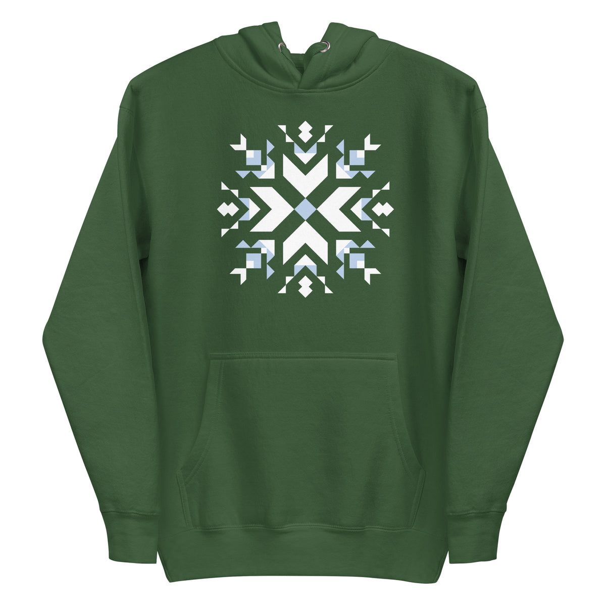 Let It Snow snowflake quilt block on a pullover hoodie in forest green, front view – Kate Spain design for Pat Sloan