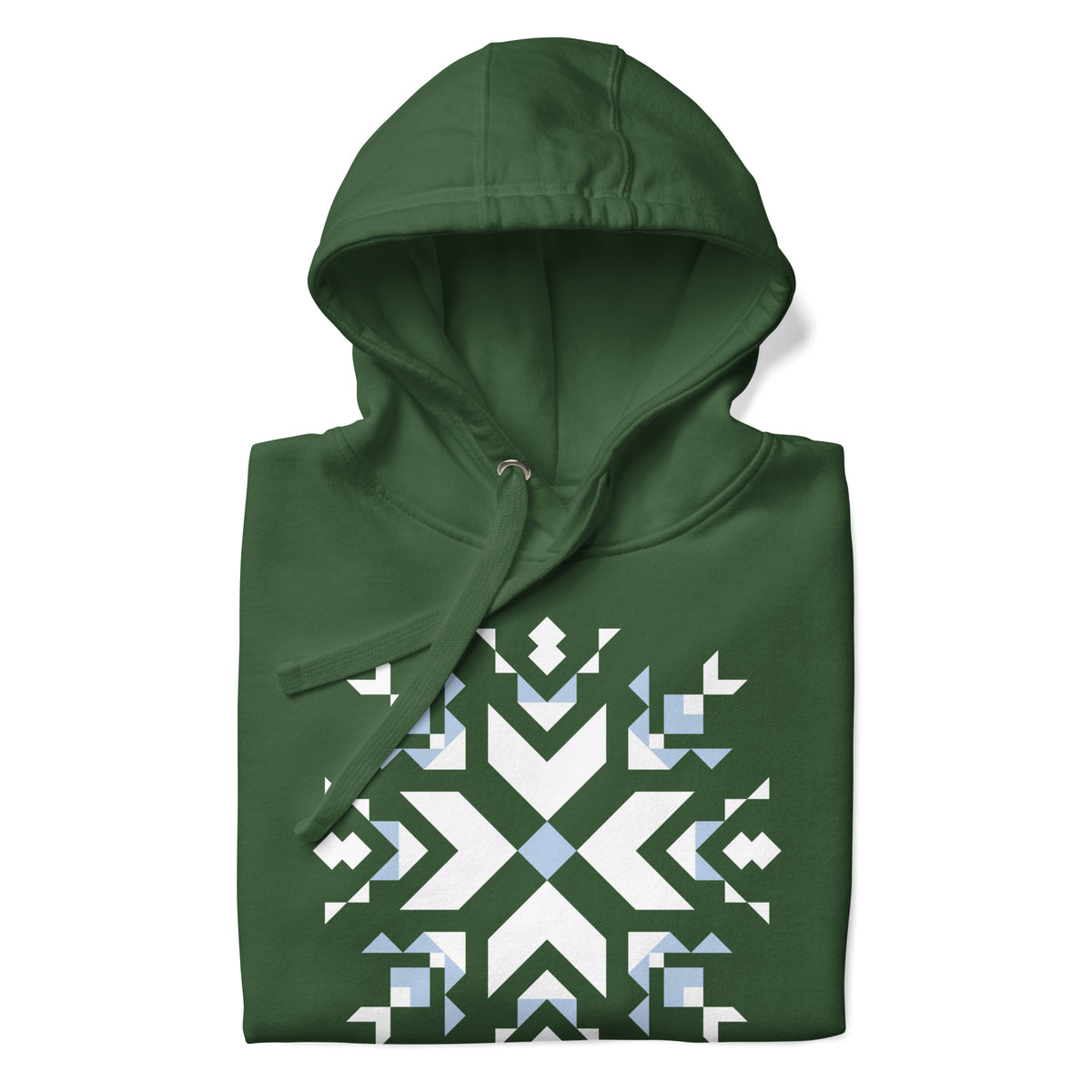 Let It Snow snowflake quilt block on a pullover hoodie in forest green, folded close-up of the design – Kate Spain design for Pat Sloan
