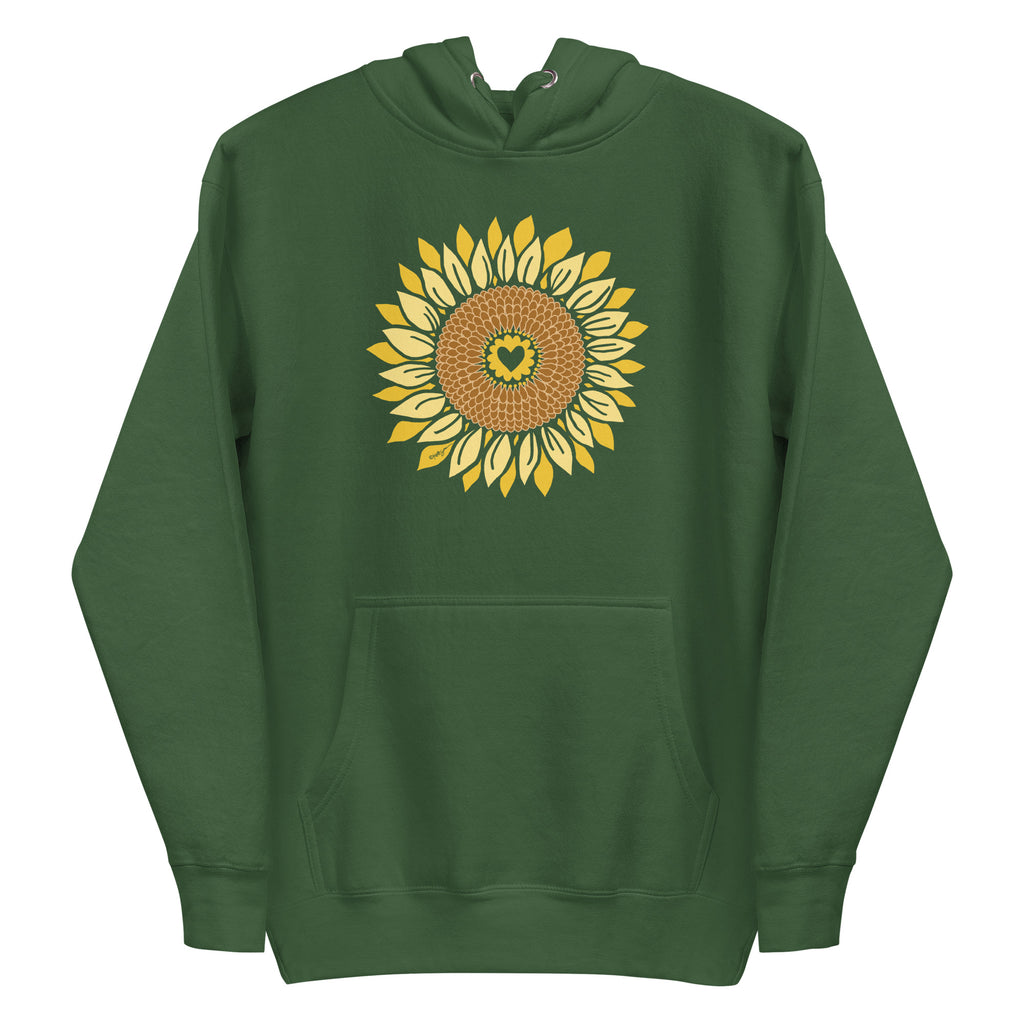 Golden sunflower with a heart center on a pullover hoodie in forest green, front view – Sunflowers in My Heart by Kate Spain