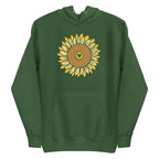 Golden sunflower with a heart center on a pullover hoodie in forest green, front view – Sunflowers in My Heart by Kate Spain