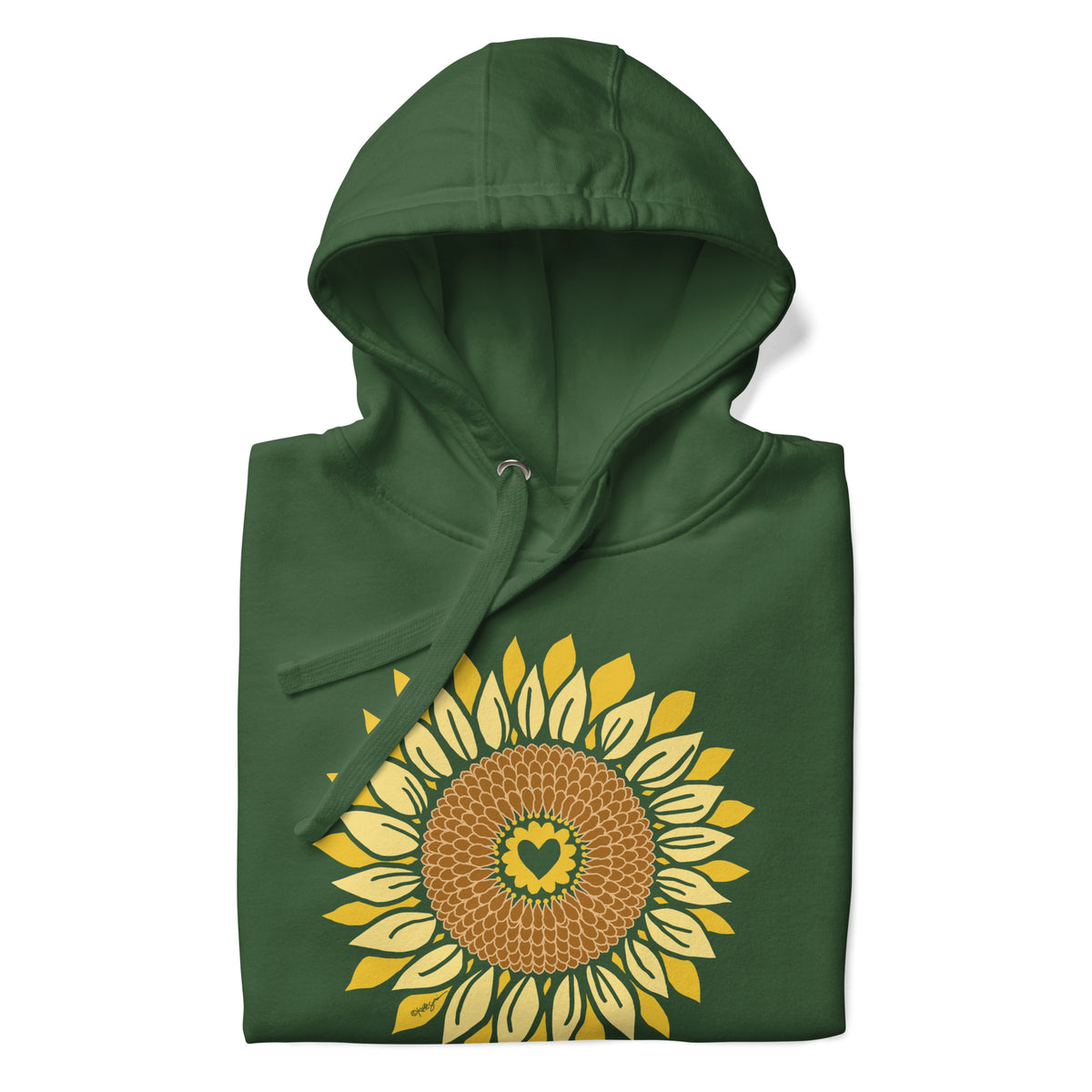 Golden sunflower with a heart center on a pullover hoodie in forest green, folded close-up of the design – Sunflowers in My Heart by Kate Spain