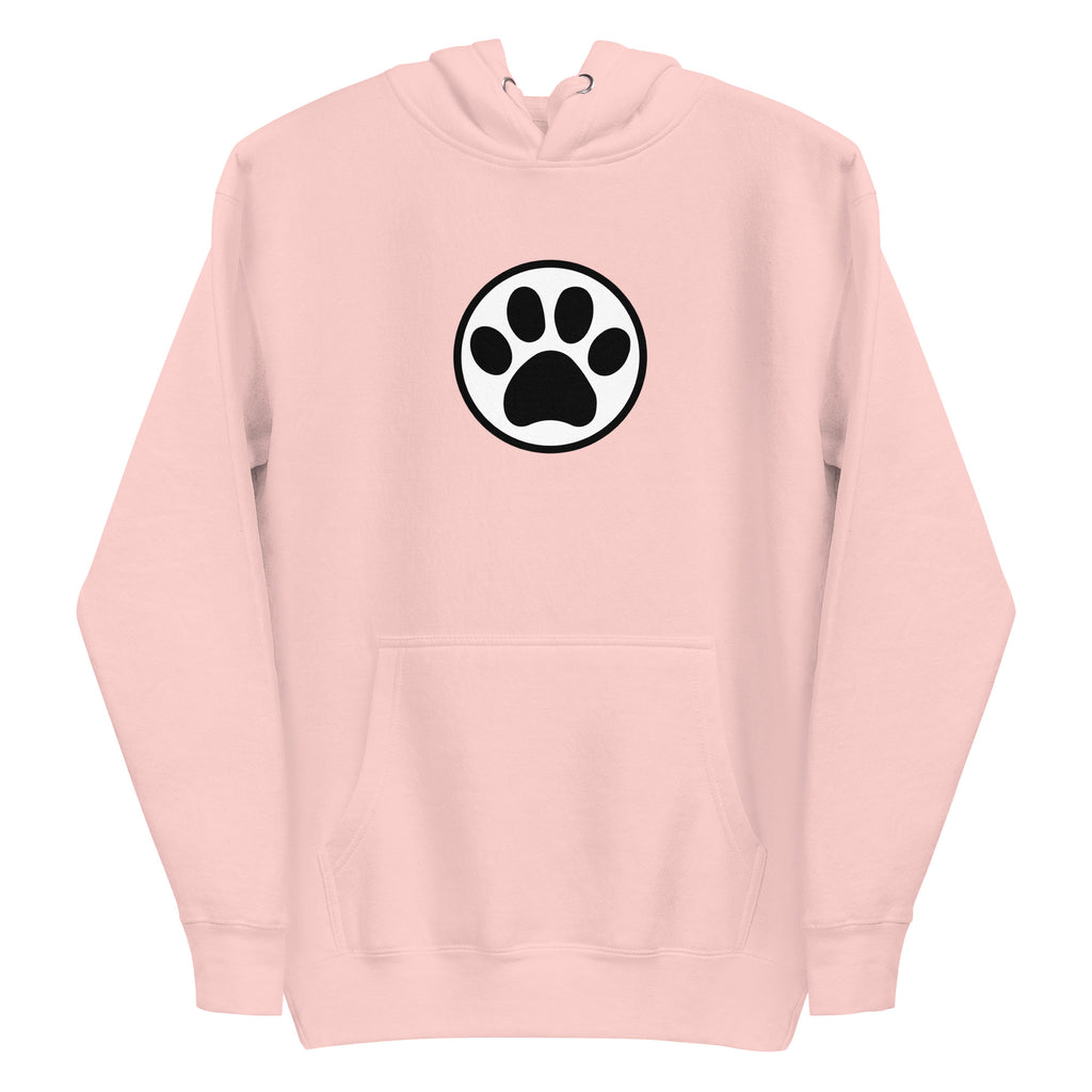 Law of the Paw® cat paw print on a pullover hoodie in pink, front view – Kate Spain design