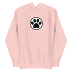 Law of the Paw® cat paw print on a pullover hoodie in pink, front view – Kate Spain design