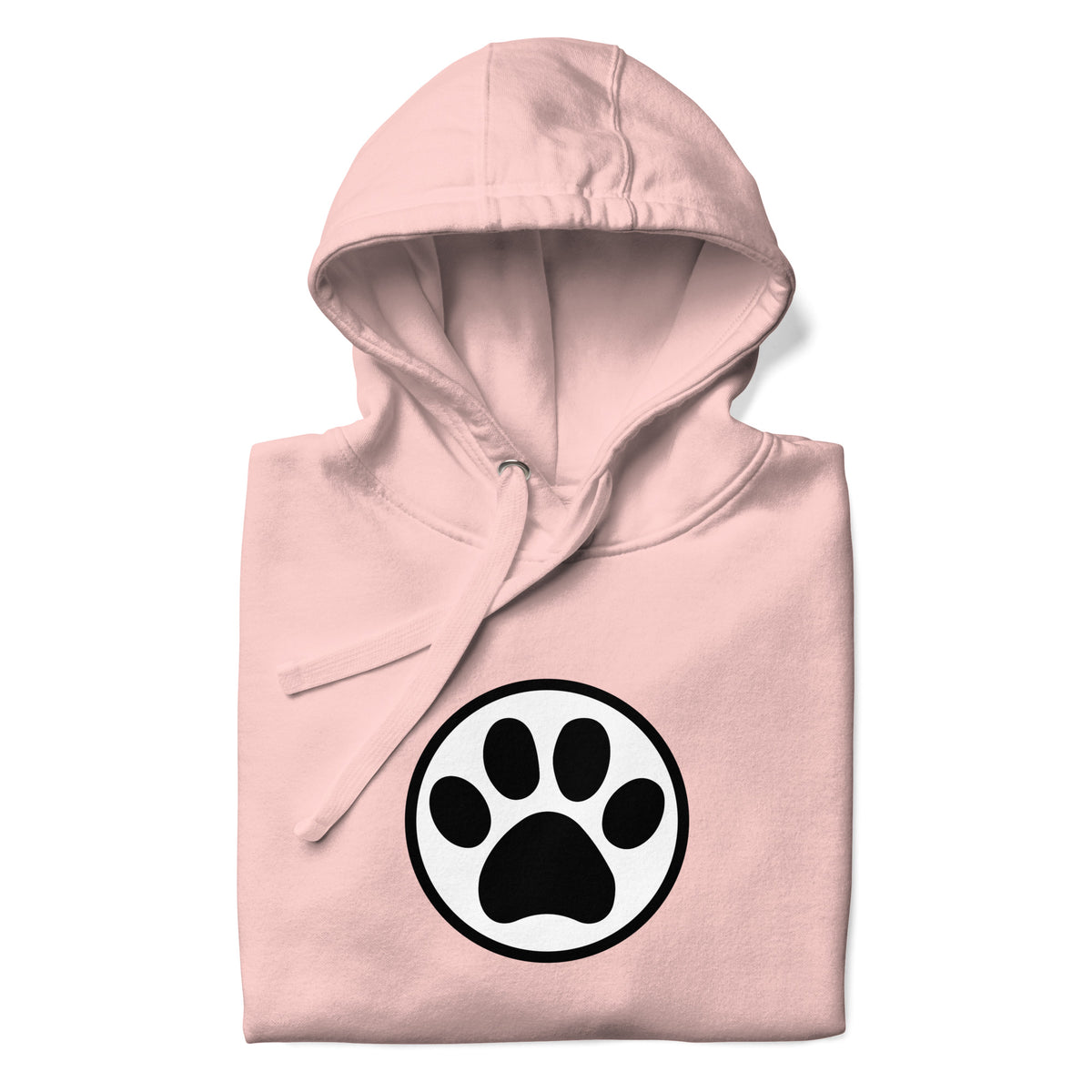 Law of the Paw® cat paw print on a pullover hoodie in pink, folded close-up of the design – Kate Spain design