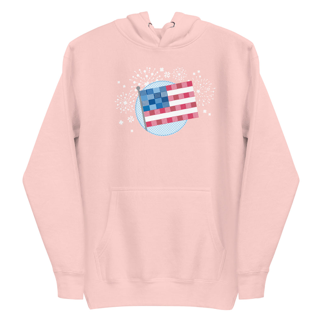 patchwork American flag in quilt fabrics on a pullover hoodie in pink, front view – Kate Spain design for Pat Sloan