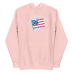 patchwork American flag in quilt fabrics on a pullover hoodie in pink, front view – Kate Spain design for Pat Sloan