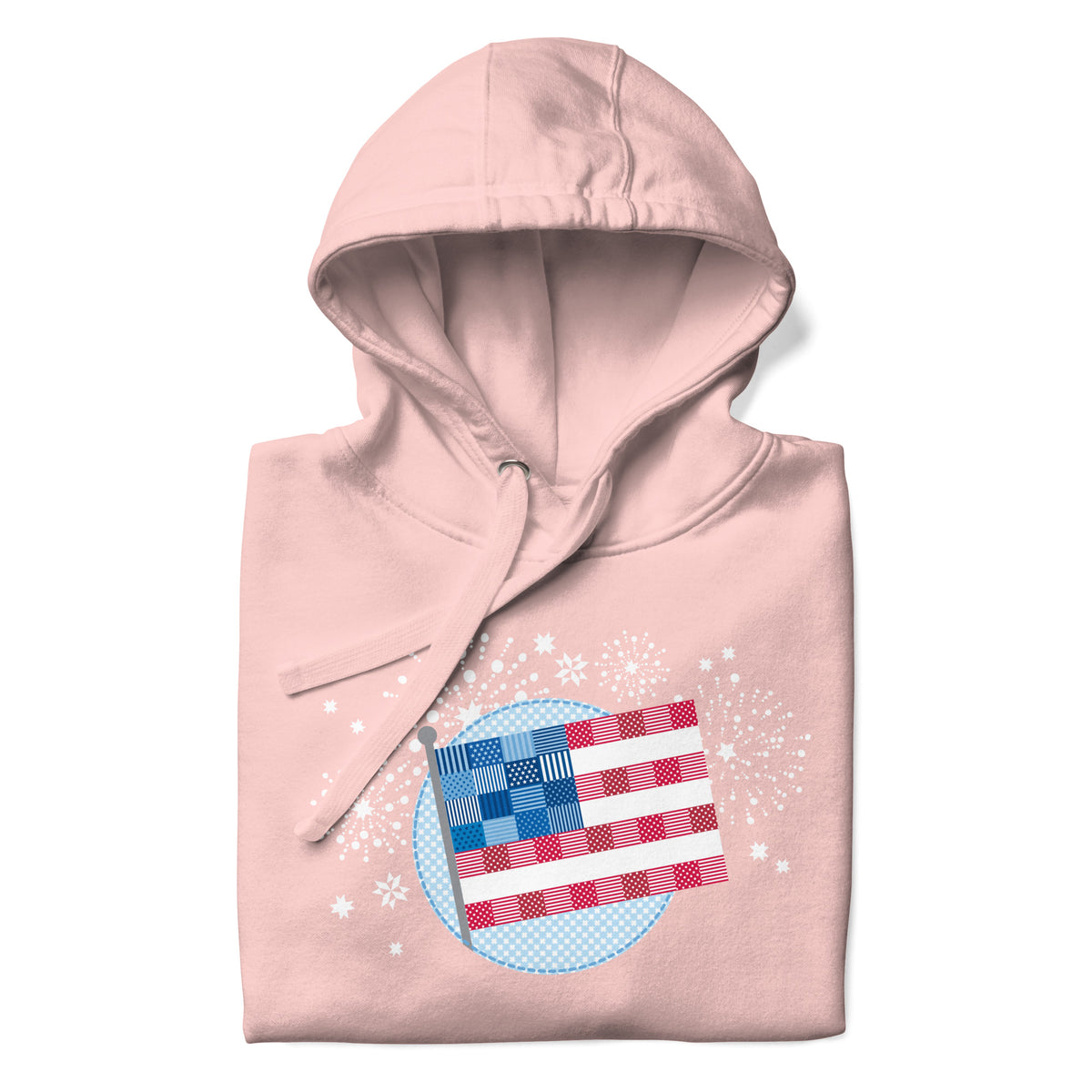 patchwork American flag in quilt fabrics on a pullover hoodie in pink, folded close-up of the design – Kate Spain design for Pat Sloan