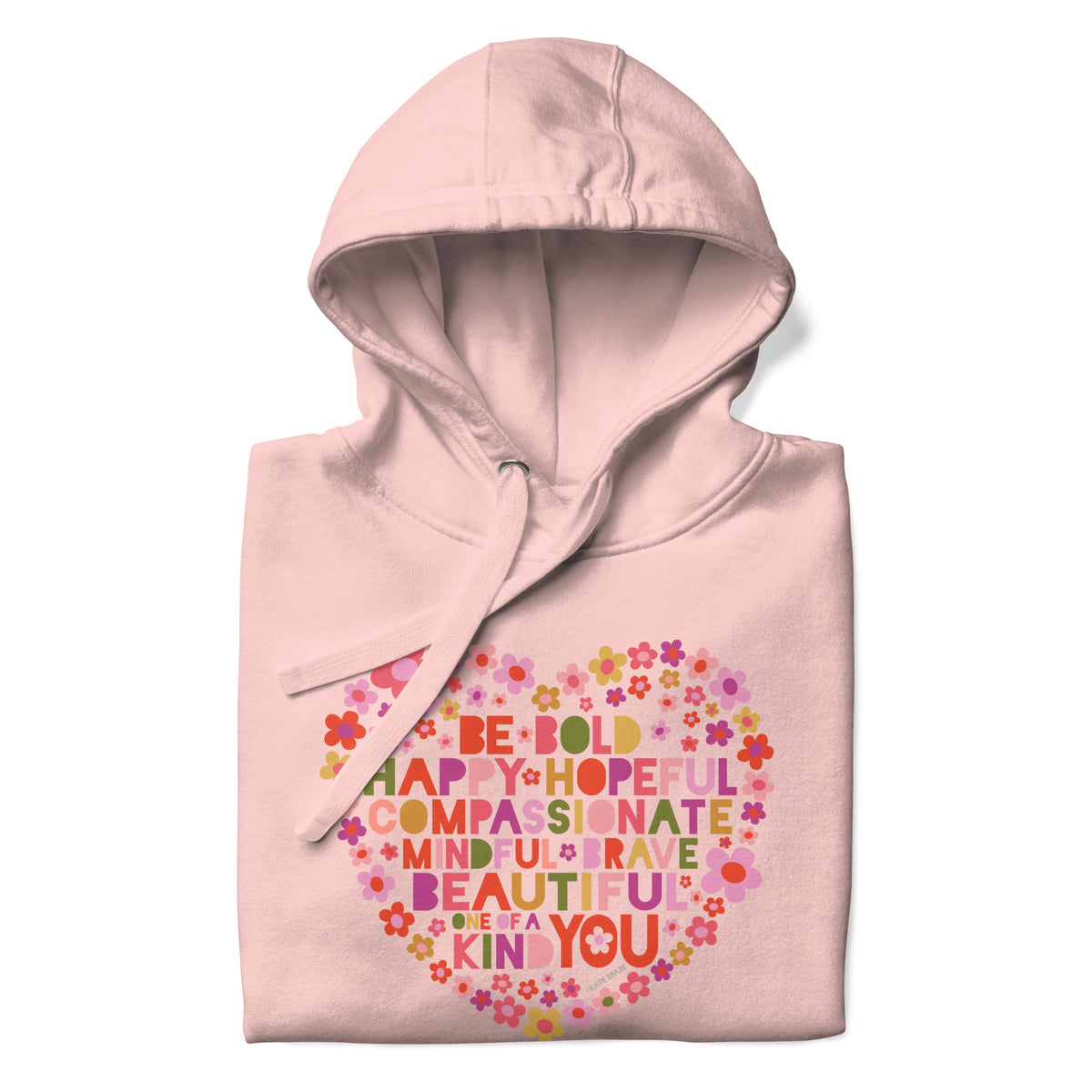 Be You floral heart of inspirational words on a premium hoodie in pink, folded close-up of the design – Kate Spain design