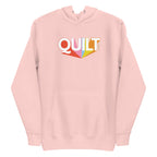 Moda QUILT logo with orange, pink, blue and yellow rays on a premium hoodie in pink, front view – Kate Spain design