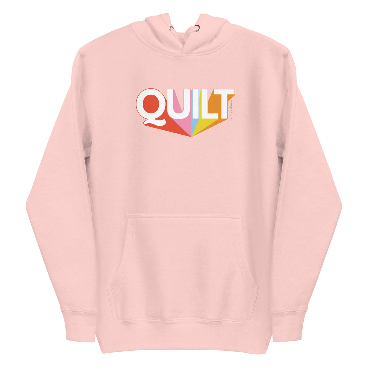 Moda QUILT logo with orange, pink, blue and yellow rays on a premium hoodie in pink, front view – Kate Spain design