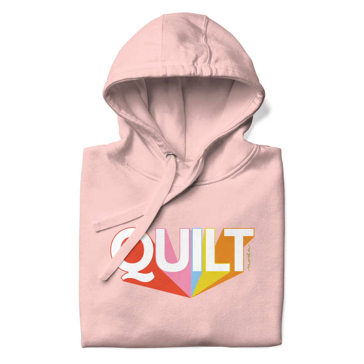 Moda QUILT logo with orange, pink, blue and yellow rays on a premium hoodie in pink, folded close-up of the design – Kate Spain design