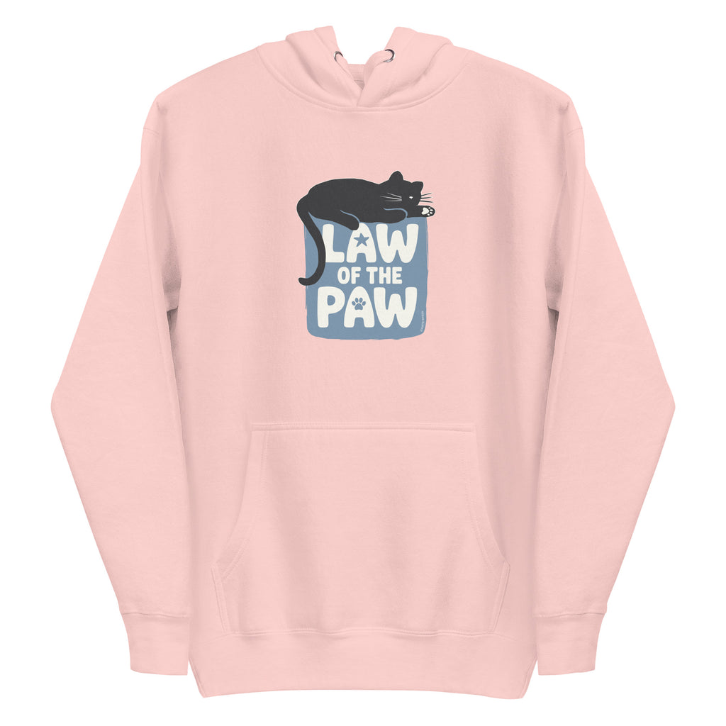 Law of the Paw® design with a cat napping on the logo on a pullover hoodie in pink, front view – Kate Spain design