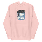 Law of the Paw® design with a cat napping on the logo on a pullover hoodie in pink, front view – Kate Spain design