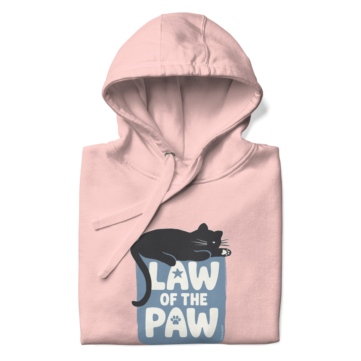 Law of the Paw® design with a cat napping on the logo on a pullover hoodie in pink, folded close-up of the design – Kate Spain design