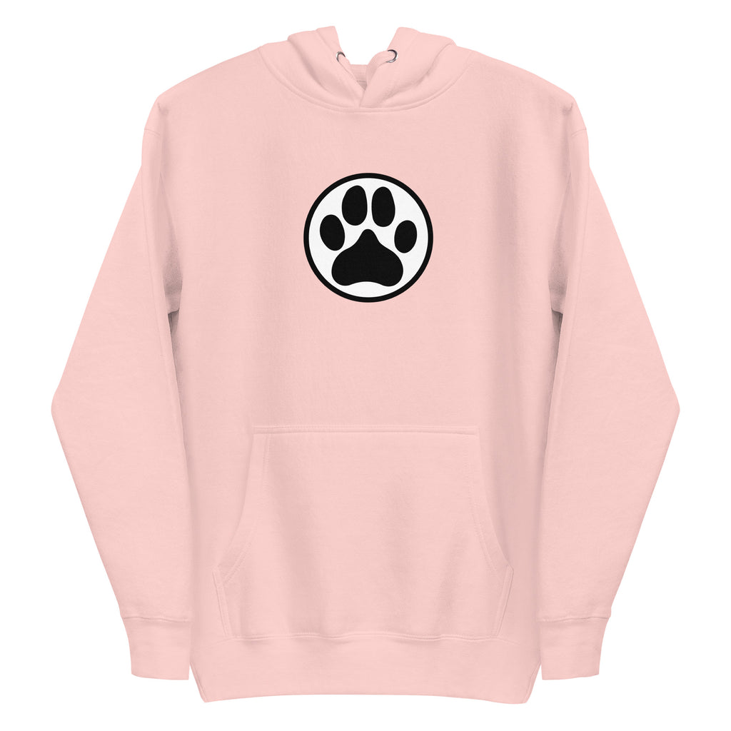Law of the Paw® dog paw print on a pullover hoodie in pink, front view – Kate Spain design