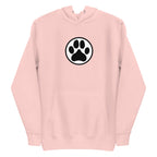 Law of the Paw® dog paw print on a pullover hoodie in pink, front view – Kate Spain design