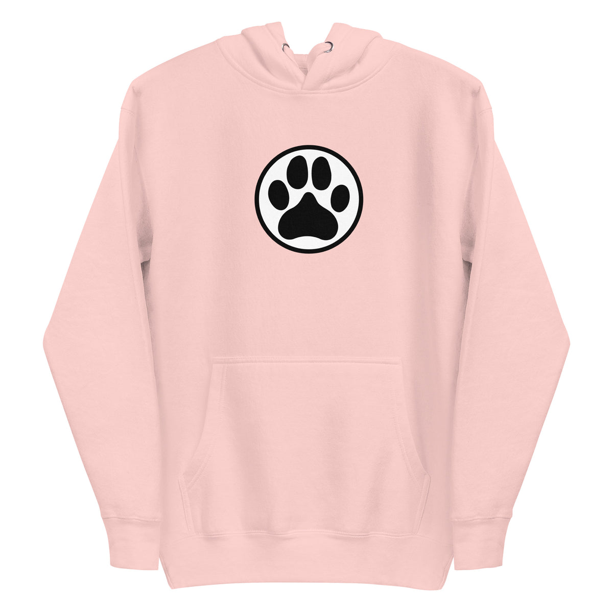 Law of the Paw® dog paw print on a pullover hoodie in pink, front view – Kate Spain design
