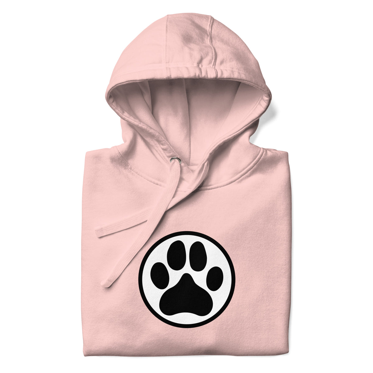 Law of the Paw® dog paw print on a pullover hoodie in pink, folded close-up of the design – Kate Spain design