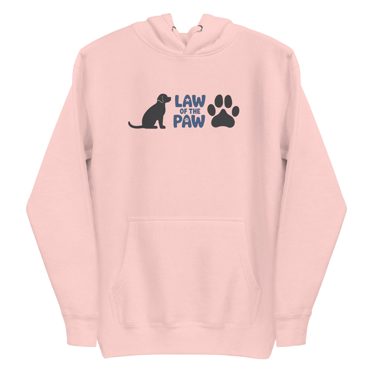 Law of the Paw® logo with seated dog and paw print on a pullover hoodie in pink, front view – Kate Spain design