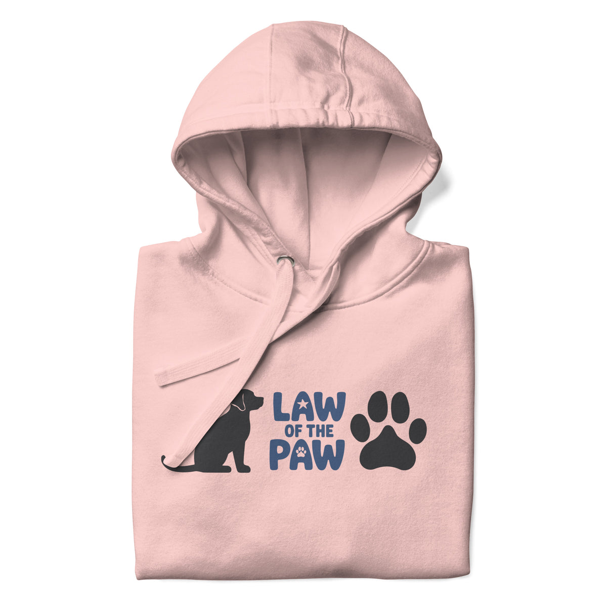 Law of the Paw® logo with seated dog and paw print on a pullover hoodie in pink, folded close-up of the design – Kate Spain design