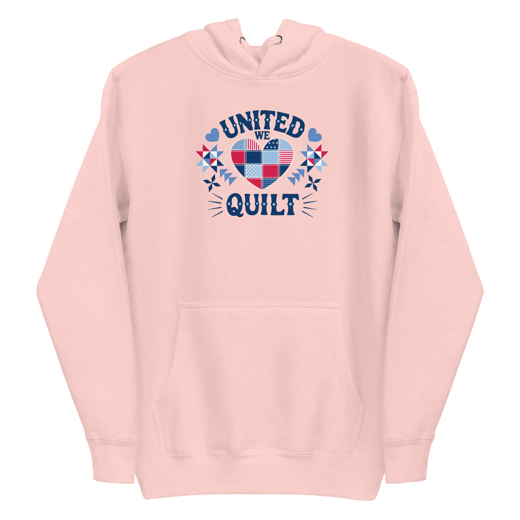 United We Quilt patchwork heart with quilt stars on a premium hoodie in pink, front view – Kate Spain design for Pat Sloan