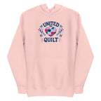 United We Quilt patchwork heart with quilt stars on a premium hoodie in pink, front view – Kate Spain design for Pat Sloan