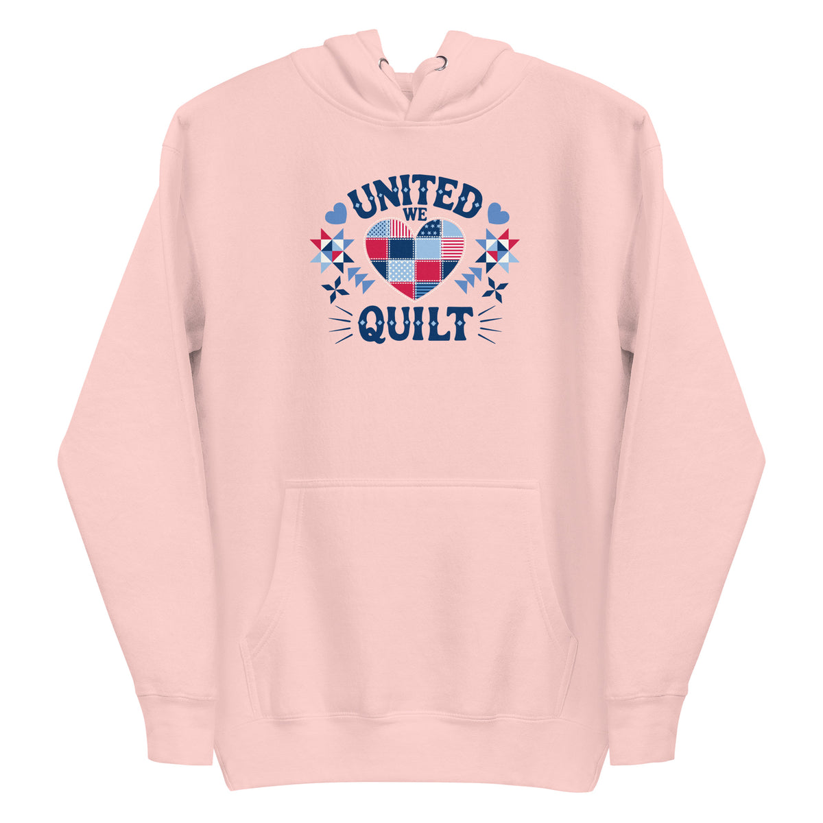 United We Quilt patchwork heart with quilt stars on a premium hoodie in pink, front view – Kate Spain design for Pat Sloan