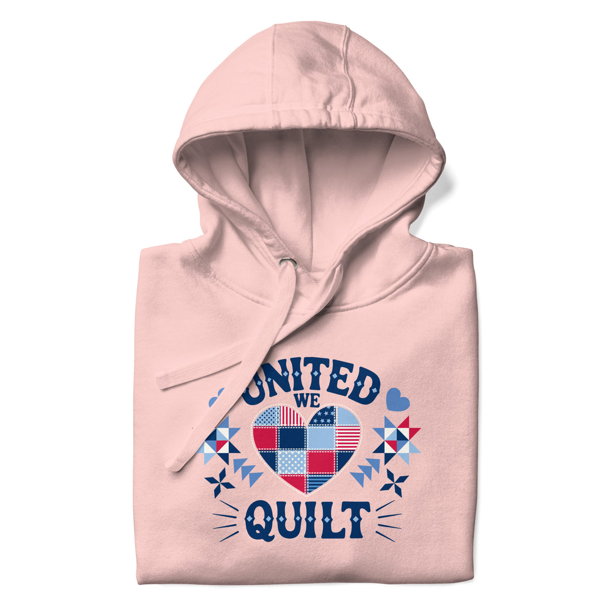 United We Quilt patchwork heart with quilt stars on a premium hoodie in pink, folded close-up of the design – Kate Spain design for Pat Sloan