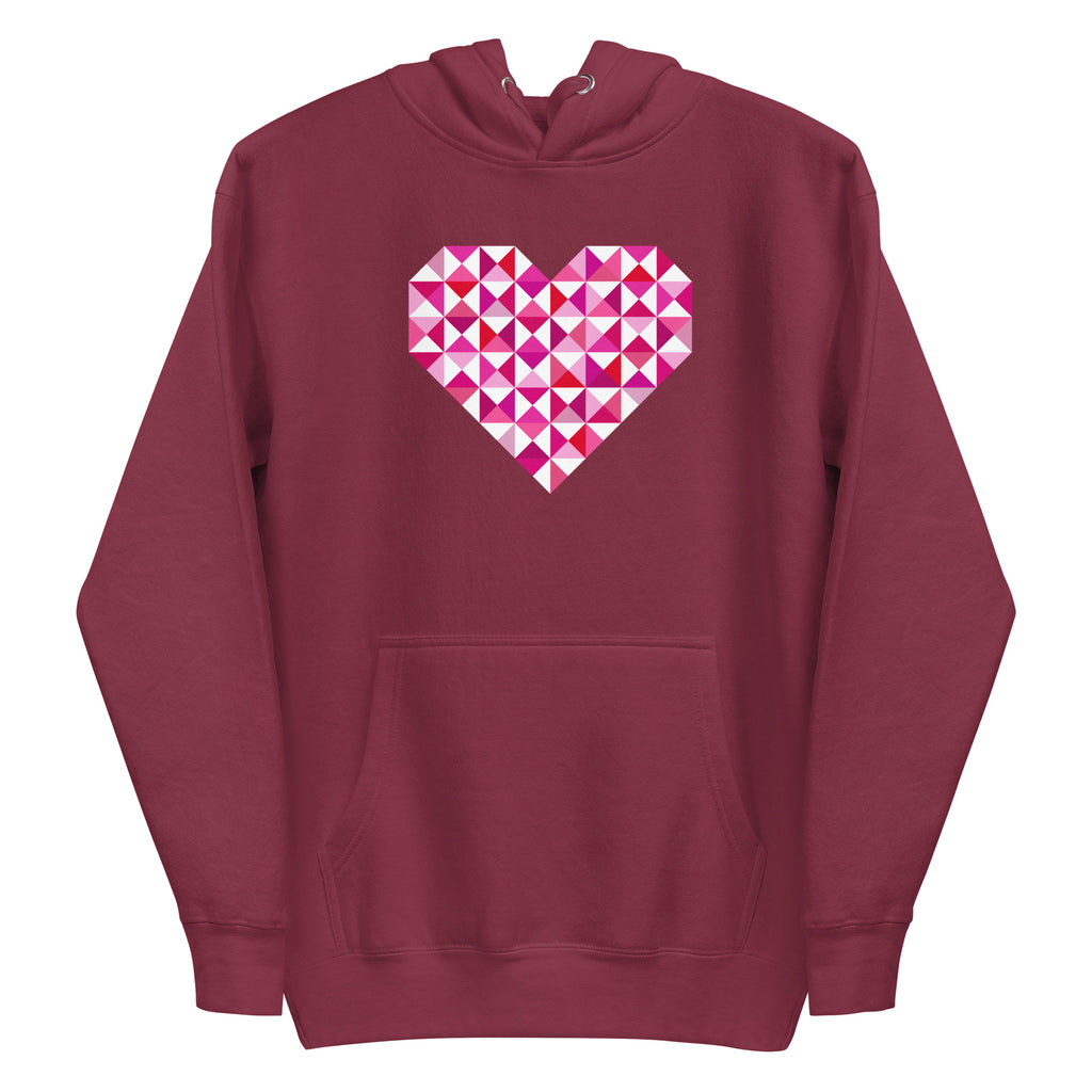 Big Patchwork Love heart pieced from pink half-square triangles on a pullover hoodie in maroon, front view – Kate Spain design for Pat Sloan