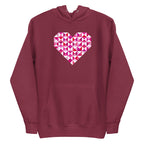 Big Patchwork Love heart pieced from pink half-square triangles on a pullover hoodie in maroon, front view – Kate Spain design for Pat Sloan