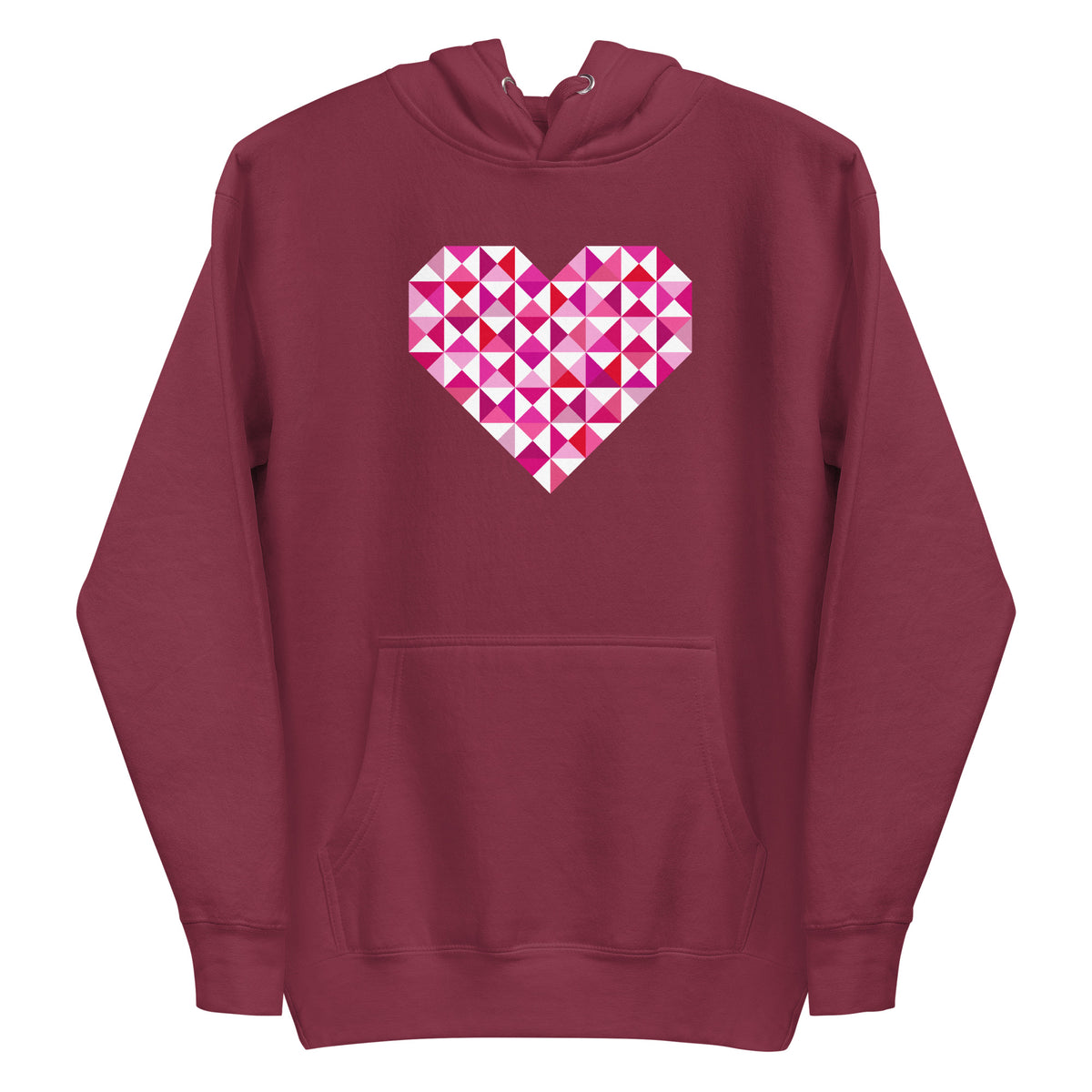 Big Patchwork Love heart pieced from pink half-square triangles on a pullover hoodie in maroon, front view – Kate Spain design for Pat Sloan